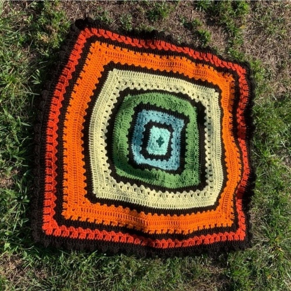 Vintage 70s Crochet Square Small Rainbow Blanket/Decorative Tablecloth